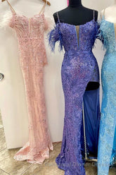 Sequin Feather Cold-Shoulder Mermaid Long Semi Formal Prom Dress with Slit